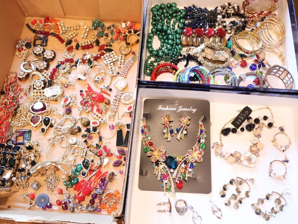 Fashion Costume Jewelry Bracelets, Earring Necklace Sets and Pieces: Box on left is full of pieces in need of repair or single earrings, great for jewelry making. Two smaller boxes on right are complete jewelry featuring mostly bracelets and earrings and necklaces 