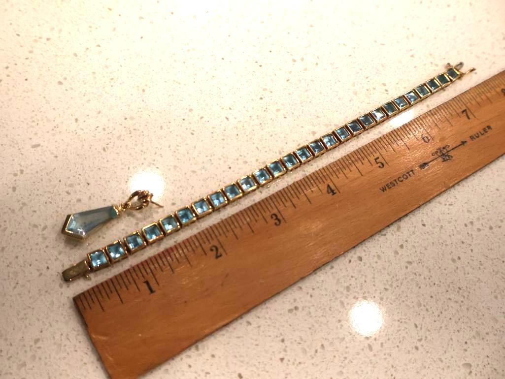 10K Gold Blue Topaz Link Bracelet and Single 14K Gold Blue Topaz Drop Earring - 6