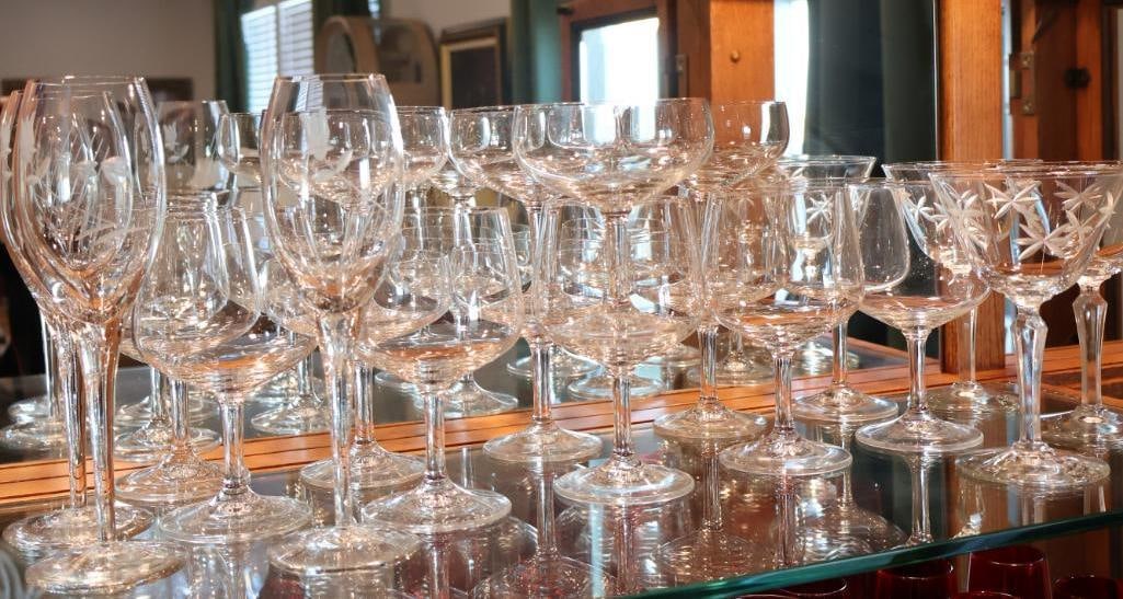 Collection of vintage crystal and etched glass stemware (1 of 10)