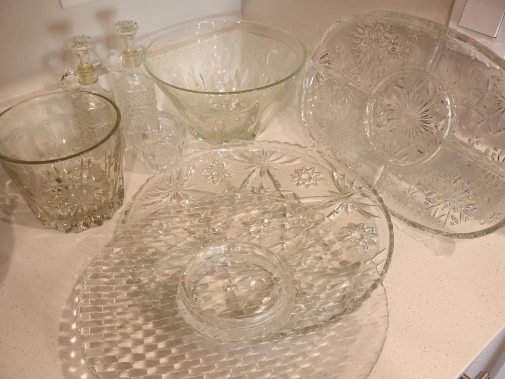 Assortment of vintage Anchor Hocking clear pressed glassware: Primarily from the Early American Prescut and Arlington patterns. 
