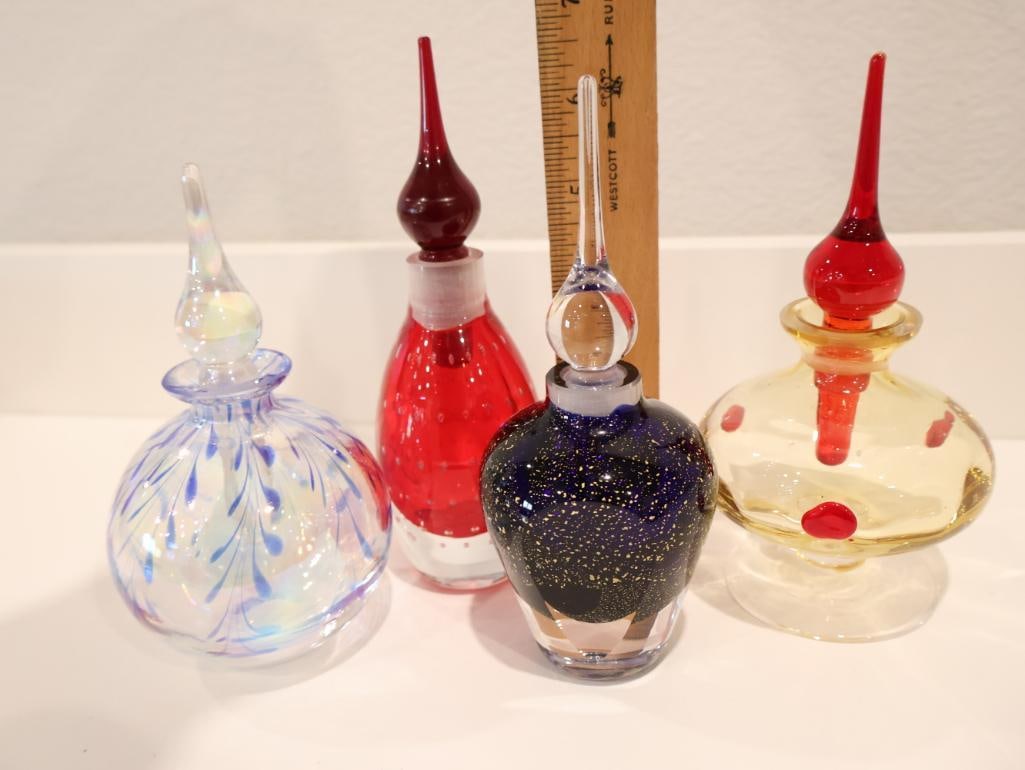 Curated collection of four vintage studio art glass perfume bottles - 2