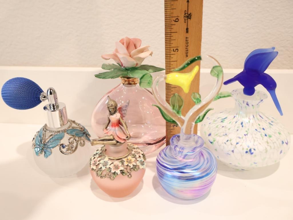 Five decorative art glass perfume bottles - 2