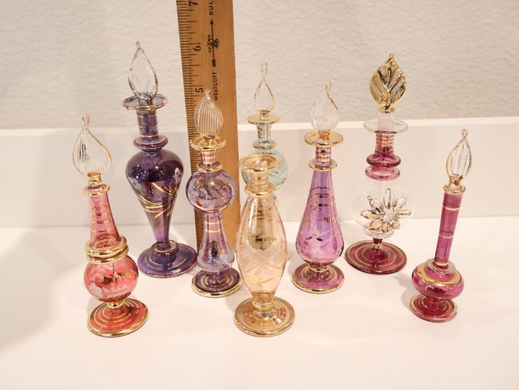 Exquisite collection of seven authentic hand-blown Egyptian glass perfume bottles - 2