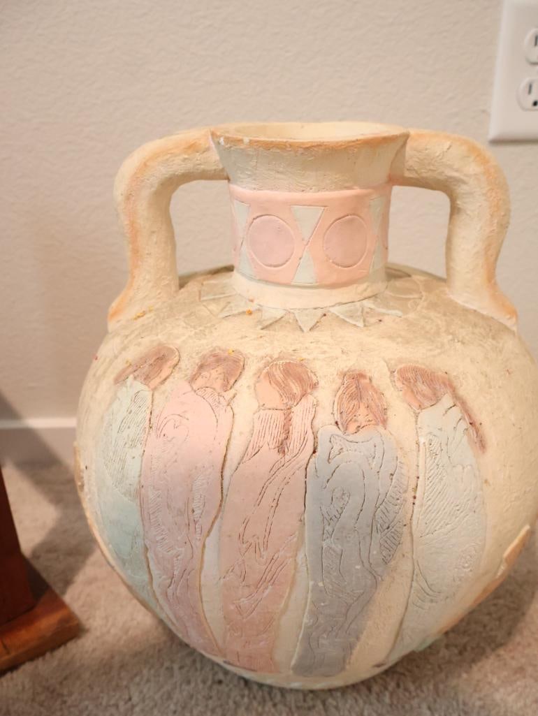 Wooden side table and a large, decorative plaster or clay amphora vase - 7