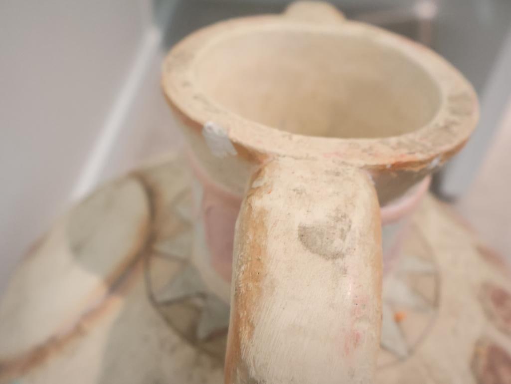 Wooden side table and a large, decorative plaster or clay amphora vase - 8