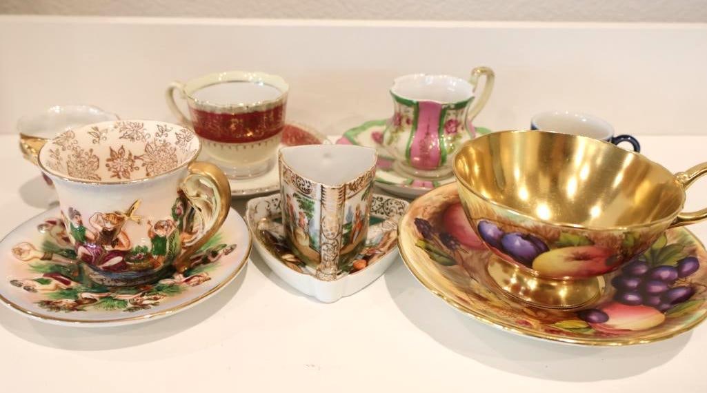 Collection of vintage teacups: Includes Aynsley, Hal Sey Fifth Japan, SGK Occupied Japan, SAJI Occupied Japan, and more