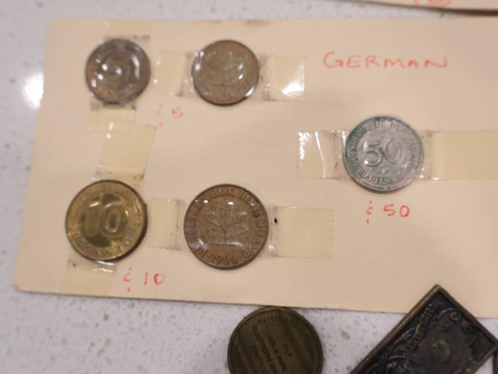 An eclectic collection of world coinage, exonumia, and a unique numismatic-themed clock - 10