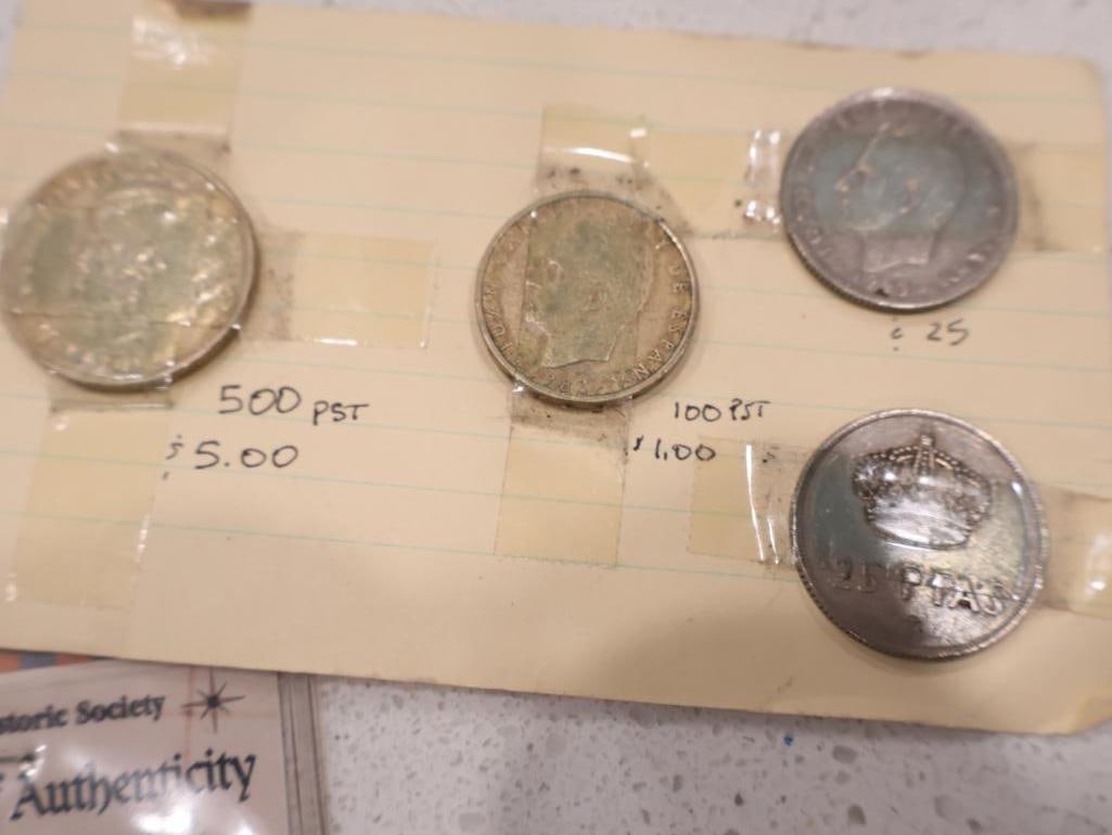 An eclectic collection of world coinage, exonumia, and a unique numismatic-themed clock - 12