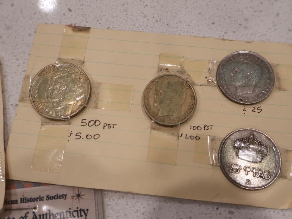 An eclectic collection of world coinage, exonumia, and a unique numismatic-themed clock - 13