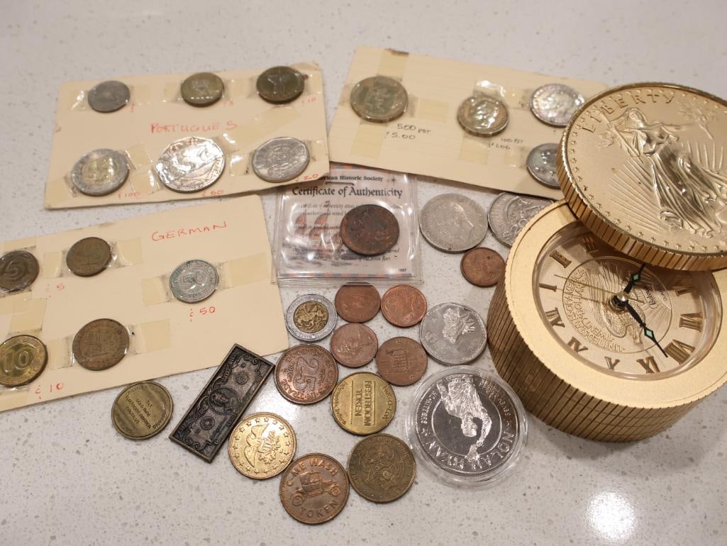 An eclectic collection of world coinage, exonumia, and a unique numismatic-themed clock (1 of 13)