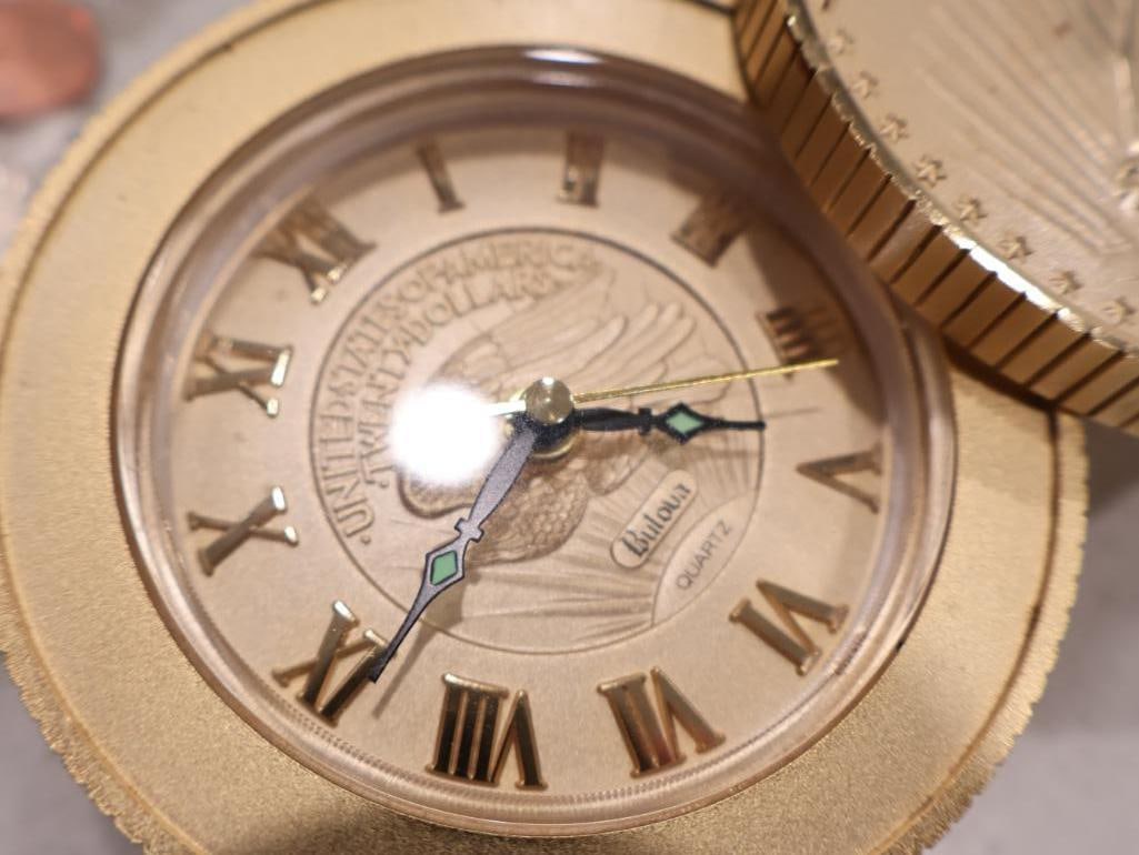 An eclectic collection of world coinage, exonumia, and a unique numismatic-themed clock - 3