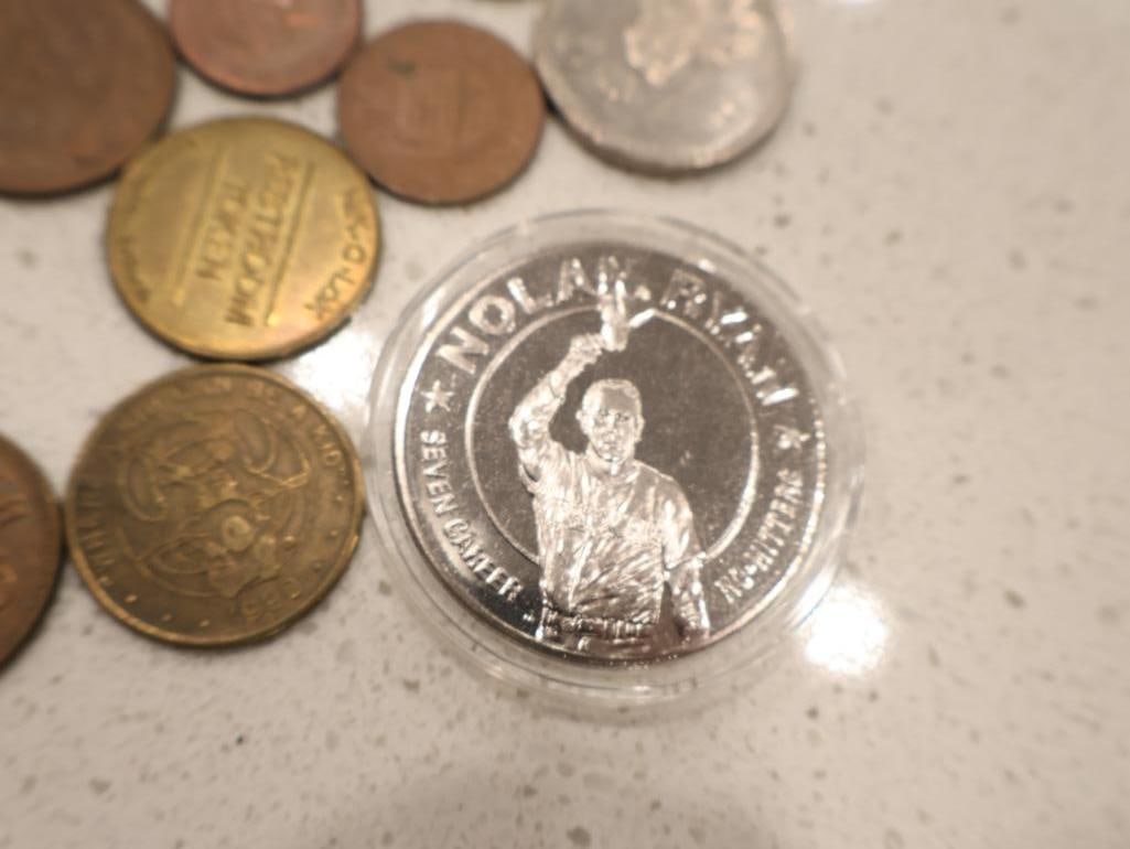 An eclectic collection of world coinage, exonumia, and a unique numismatic-themed clock - 5