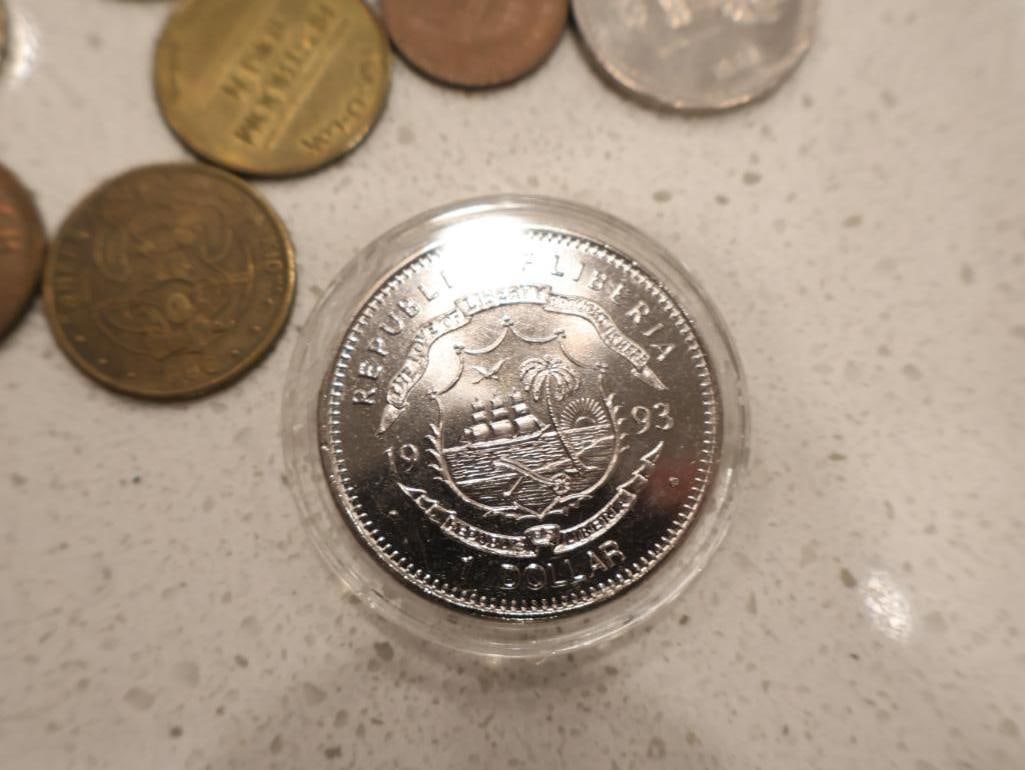 An eclectic collection of world coinage, exonumia, and a unique numismatic-themed clock - 6