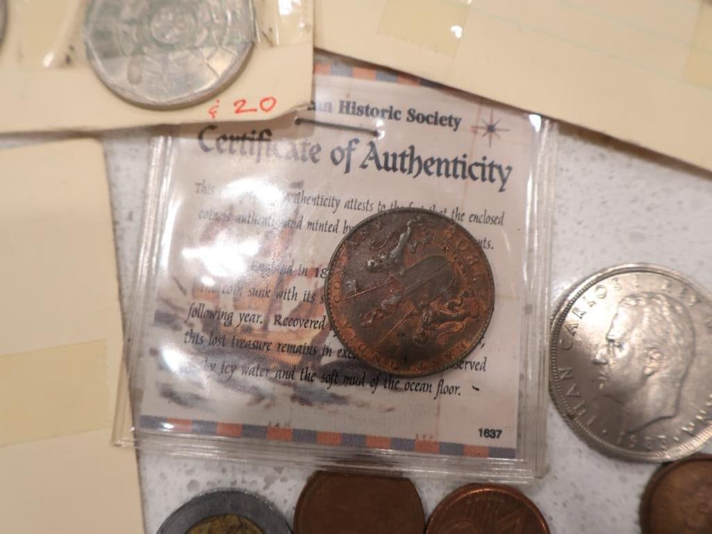 An eclectic collection of world coinage, exonumia, and a unique numismatic-themed clock - 9
