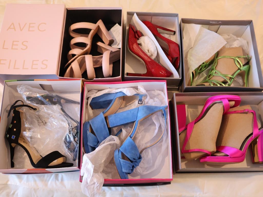 Collection of designer footwear features a diverse range of styles: Vibrant satins and suedes to sophisticated mesh and embellished leather shoes in various sizes. View all photos to see sizing and condition. 