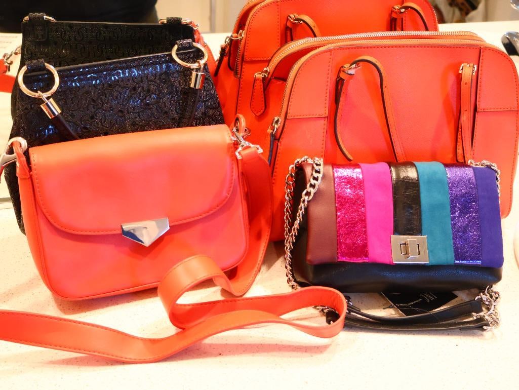 Vibrant Collection of INC and Guess Purses: Orange INC small cross body purse, Multi-Color INC Striped Crossbody the original price tags still attached. $79.50, Guess Black Embossed Satchel, Large Orange Double-Zip Satchel by Guess (handle has
