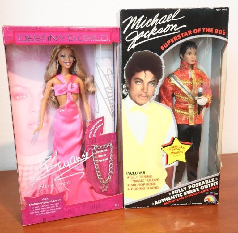 Two highly collectible celebrity dolls: 2005 Destiny's Child Beyonce Barbie and the 1984 LJN Michael Jackson Superstar of the 80s doll. 