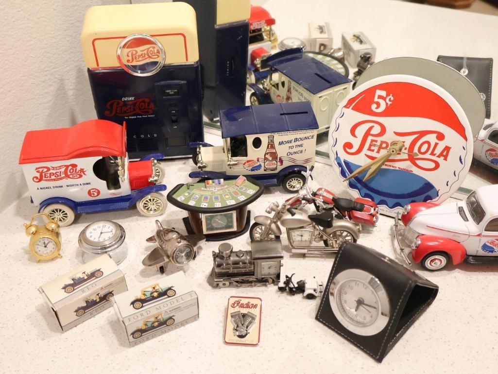Collection of Pepsi-Cola memorabilia: Vintage-style diecast delivery vehicles, clocks, and coin banks.