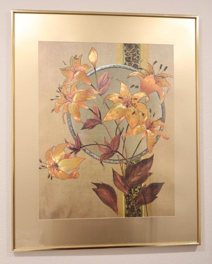 Vintage silk painting of lilies: The painting features a cluster of stylized yellow or orange lilies with dark, contrasting leaves. Click on the main photo to view more photos of this lot. We ship and offer local in person pickups. 