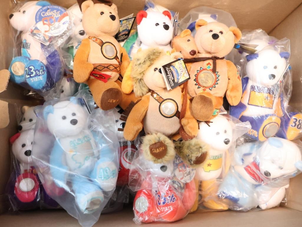 Collection of Limited Treasures State Quarter Coin Bears: A popular line of collectibles released between 1999 and 2006. Each bear represents a specific U.S. state and features an uncirculated U.S. State Quarter from that state embedded in its right paw. Som