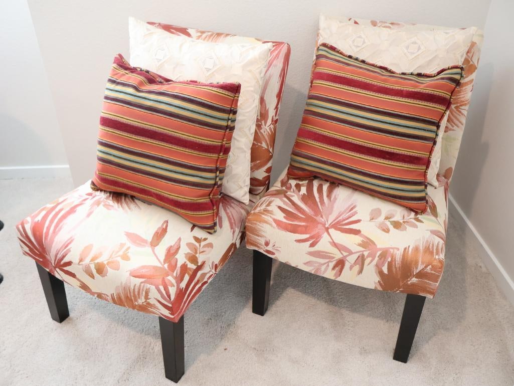 Pair of Verma Floral Accent Chairs: Approximately 22 inches wide by 33 inches high.