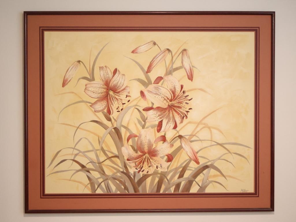 Large Over 5ft Long Botanical style Painted Art by Miller: The piece is a classic botanical illustration depicting lilies in various stages of bloom. The use of fine lines for the stems and soft, blended tones on the petals is characteristic of her signed
