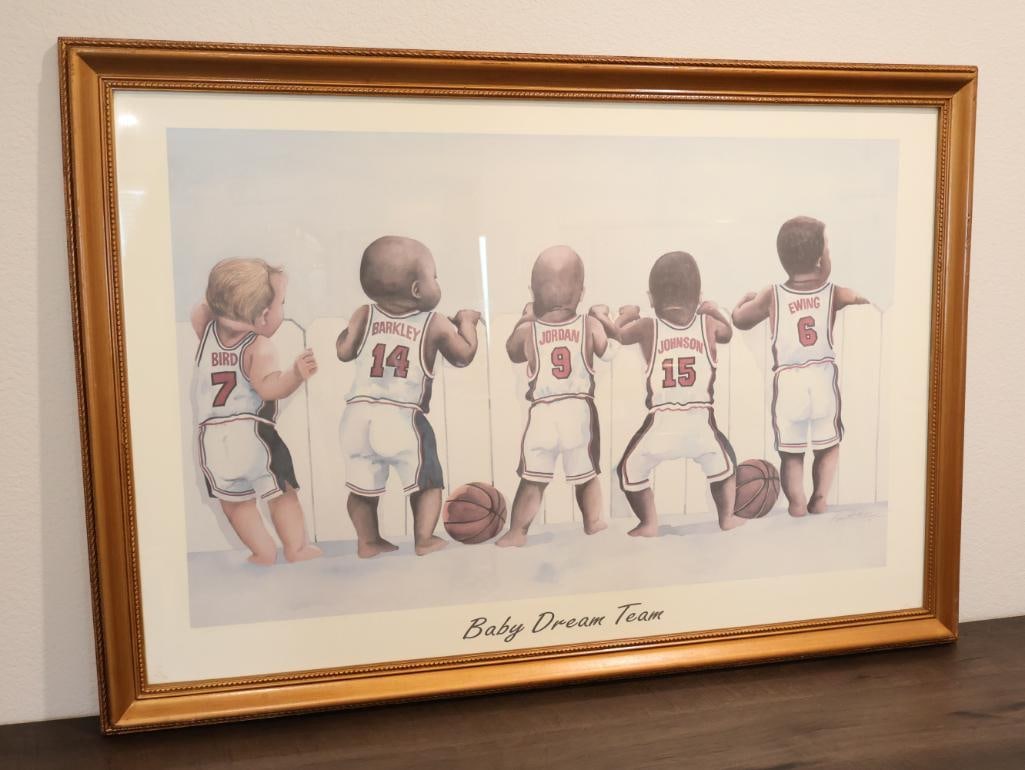 Baby Dream Team 1990s print by artist Kenneth Gatewood: This framed artwork is titled "Baby Dream Team," a popular 1990s print by artist Kenneth Gatewood. It depicts legendary members of the 1992 U.S. Olympic Men's Basketball Team Dream Team as babies