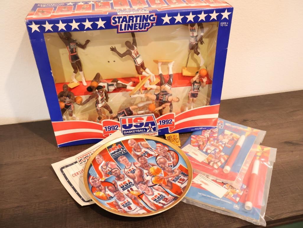 Highly collectible memorabilia from the 1992 U.S. Men's Olympic Basketball Team: 1992 Kenner Starting Lineup USA Basketball Box Set and Commemorative Collectors Plate. 