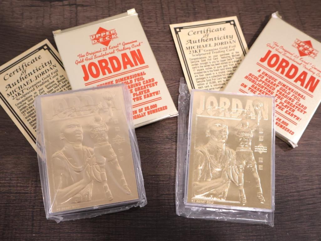 Upper Deck Michael Jordan 23KT Genuine Gold Foil Sculptured Trading Cards: Each of these cards is a sculptured trading card made with 23-karat genuine gold foil. They were released in various limited editions, typically ranging from 25,000 to 50,000 serially numbered