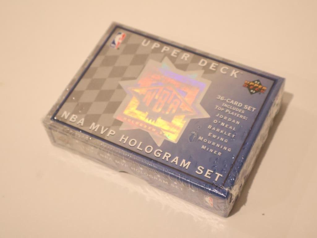 Factory-sealed 1992-93 Upper Deck NBA MVP Hologram Set: A highly collectible standard-sized trading card set released in 1993. This set features advanced (for the time) hologram technology, with each card displaying a color action cut-out photo of a