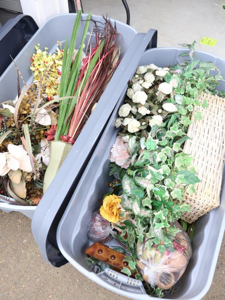 Two Large Bins of Faux Plants and Foliage: Includes both large totes with lids 