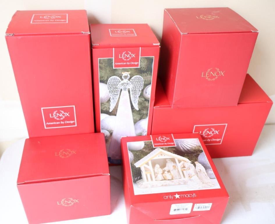 Six Boxed Lenox Decor: Mistletoe Park 6-piece Manger set, Snow Angel Lit Color Changing Figurine, First Blessing Nativity Goose and Lamb, Art Glass Tree, First Blessing Nativity Shepherd Boy with Sheep Dog, and Santa's Lit