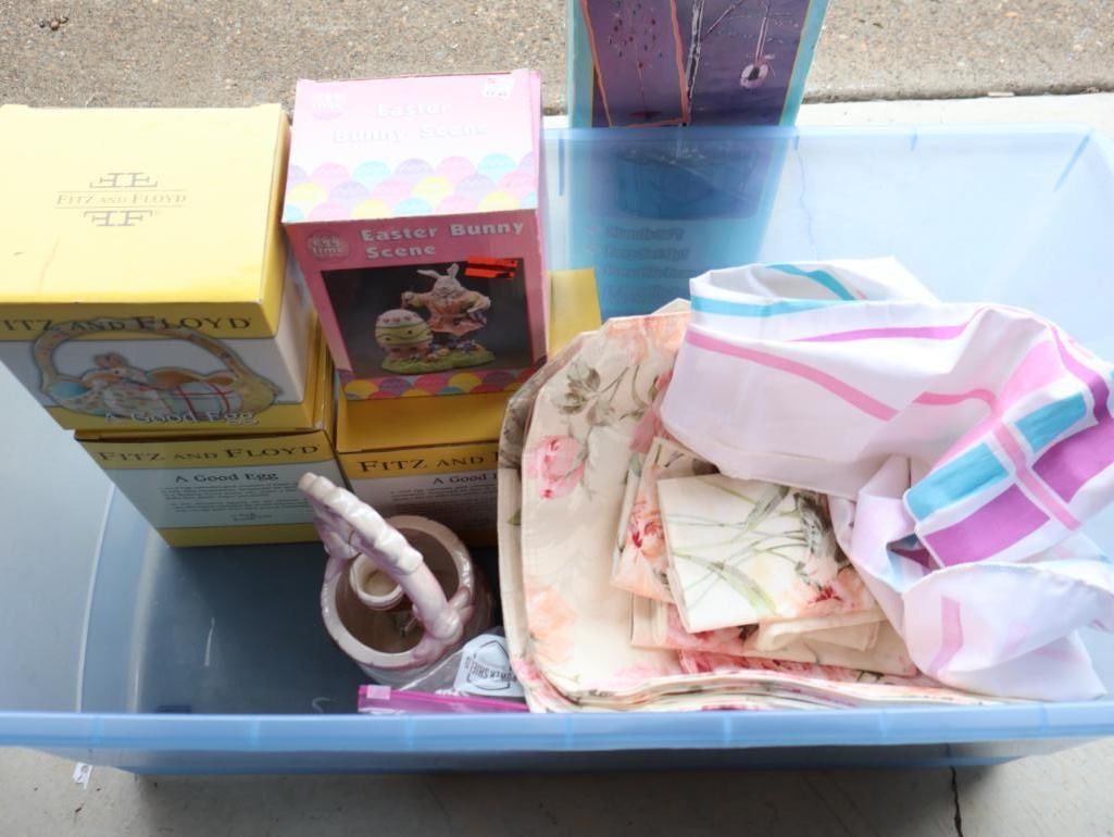 Collection of Easter Decorations: Fitz and Floyd. Easter Tree, ceramic pink well, metal bunny with carrot, and more