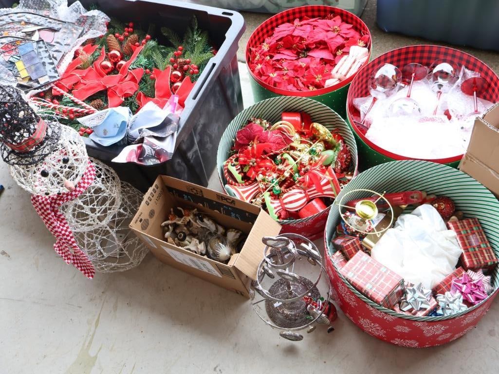 Bin and Holiday Hat Boxes Filled with Decor: Holly decorated wine glasses, angles, candle holders, and much more! 