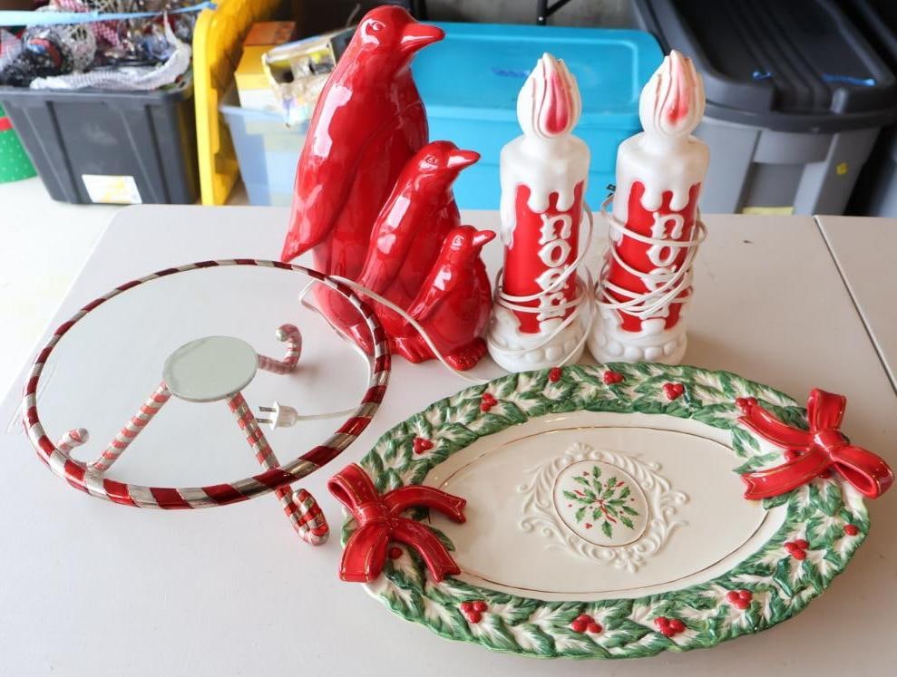 Two Vintage Small Table Top Blow Molds and More: Two small 'Noel' candle blow molds with lights (untested), Lenox serving platter, Godinger Silver Art Co. candy cane motif glass and silverplate stand, and trio of red penguins statue 