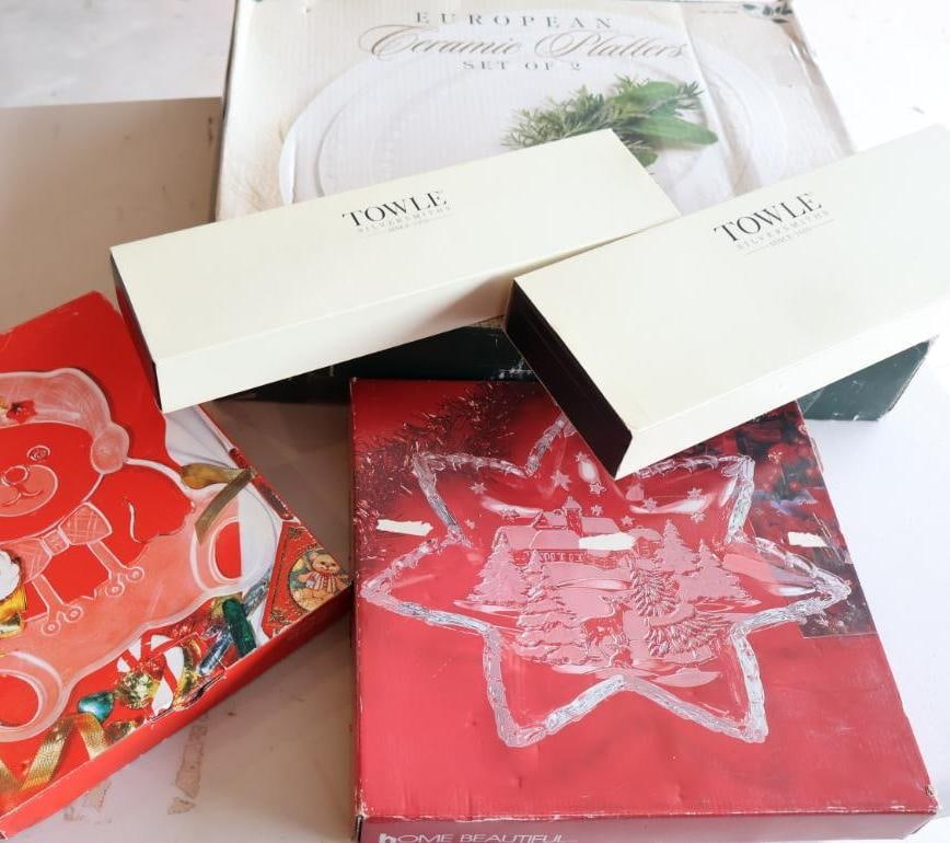 Towle Serving Sets and Serving Platters: Towle cake serving and meat carving sets, new in box. Set of two European Ceramic serving platters and two holiday glass platters 