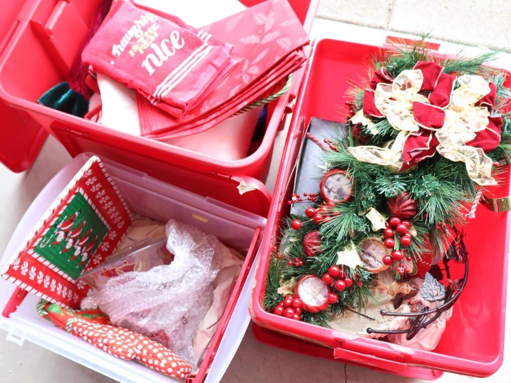 Three Bins of Christmas Decor: Includes ornaments, foliage, manger, textiles and more 