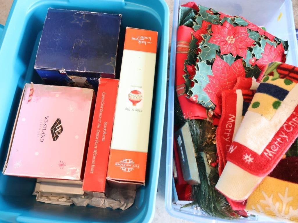 Two Bins of Assorted Holiday Decor: Kirkland snow globe, Fitz and Floyd Chip and Dip tray, and holiday tablecloths and more 