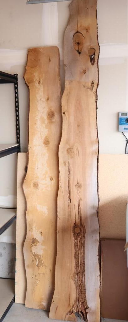 Two Large Live Edge Wood Planks: Includes bark on sides, tallest piece just over 8 ft tall and at its widest 15 inches. Other board is about 81" long 