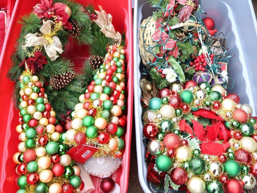 Two Large Bins with Ornament Decor and More: Includes Thomas Kinkade Christmas Carol Clock, Spode Tree Plate and decor and more