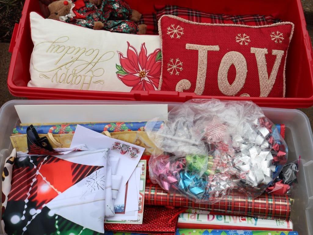 Two Large Bins with Holiday Gift Wrap and Pillows (1 of 6)