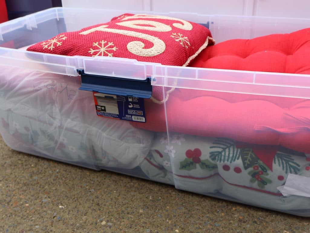 Two Large Bins with Holiday Pillows and Decor - 2