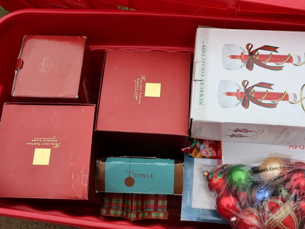 Two Large Bins with Holiday Pillows and Decor - 5