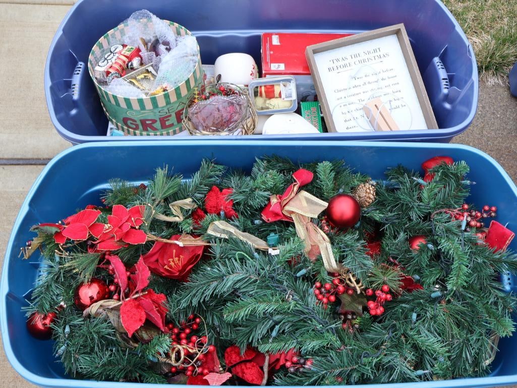 Two Large Totes with Holiday Faux Foliage and Decor (1 of 8)