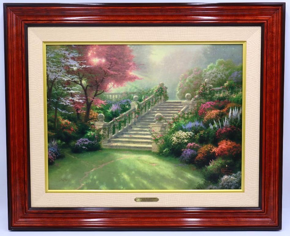 Thomas Kinkade Double Signed Hand Highlighted Gallery Print 'Stairway to Paradise': Rare double signed on front and back, gallery print of Thomas Kinkade's 'Stairway to Paradise' Visions of Paradise I. Includes COA and Hand Highlighted certificate dated 2/12/200.1329/1400 G/P Canvas