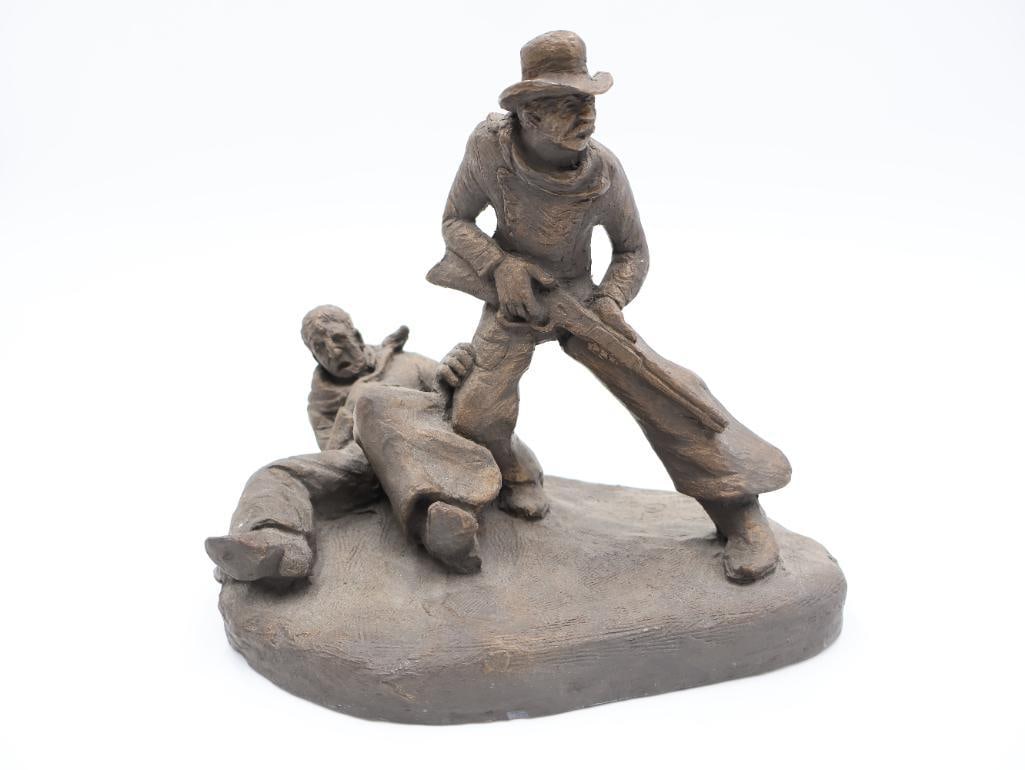 Vintage Michael Garman Western Statue 'Range War': 7" tall fine cement casted statue by Michael Garman, named 'Range War' and made to simulate bronze. Includes original pamphlet