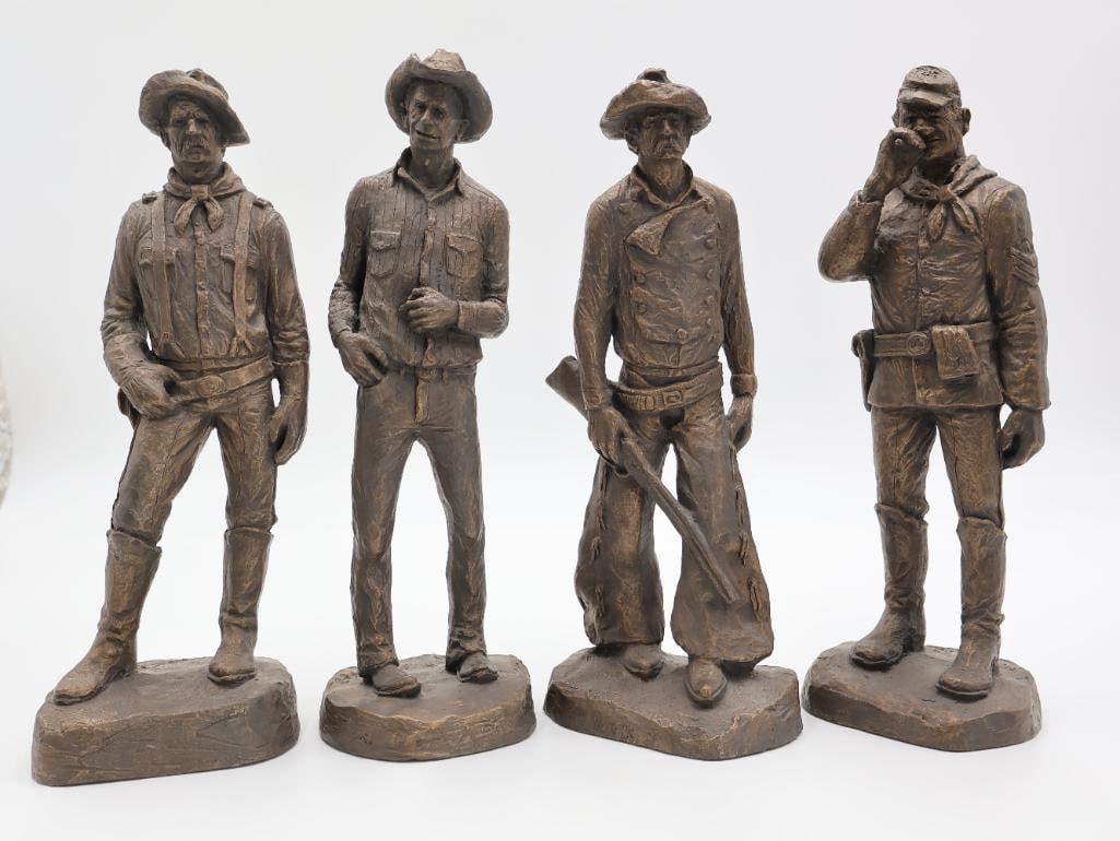 Vintage Michael Garman Complete 'The Cavalry' Series Statues: 12" tall fine cement casted statues by Michael Garman made to simulate bronze. These four statues are the complete Cavalry Series including Cavalry Captain, Stubby, Scout, and Cavalry Sergeant. Includ