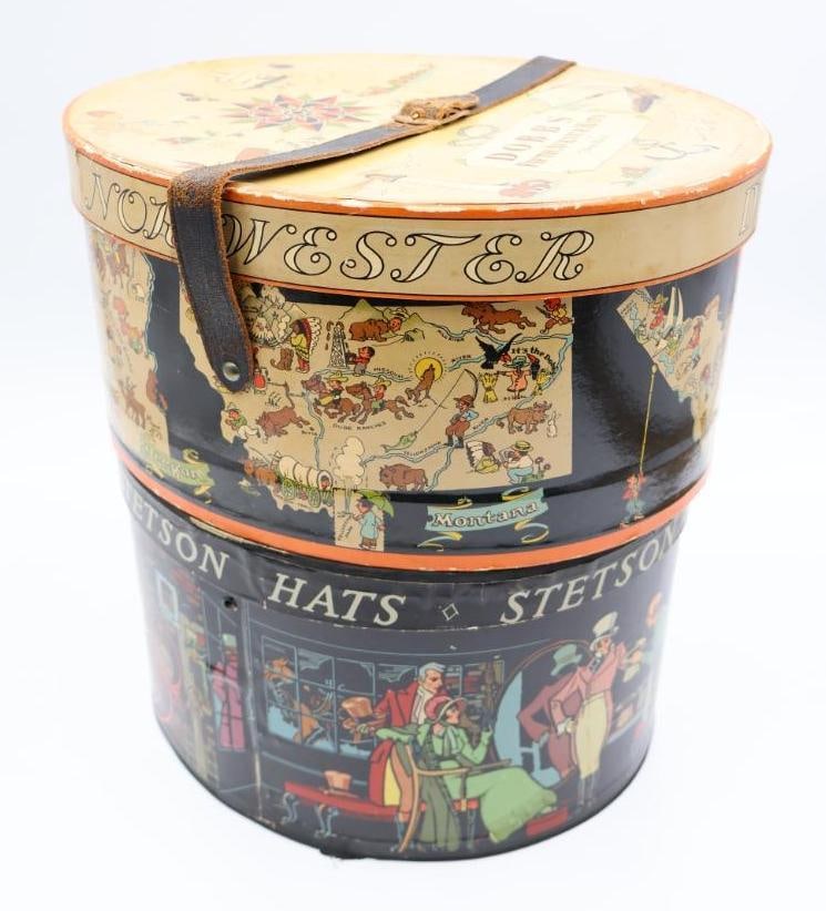 Two Vintage Hat Boxes with Great Design: Vintage Dobbs Fifth Avenue hats features cool map motif with different states including Oregon, Idaho, Alaska, Montana, and Vancouver Island. Also includes Stetson Hats box with cartoon hat shoppe/str
