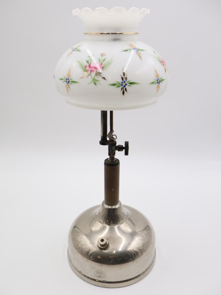 Vintage Coleman Lantern with Vintage Lamp Shade: 1919 Date Coleman Quicklite gas lantern with glass lamp shade featuring painted floral accents