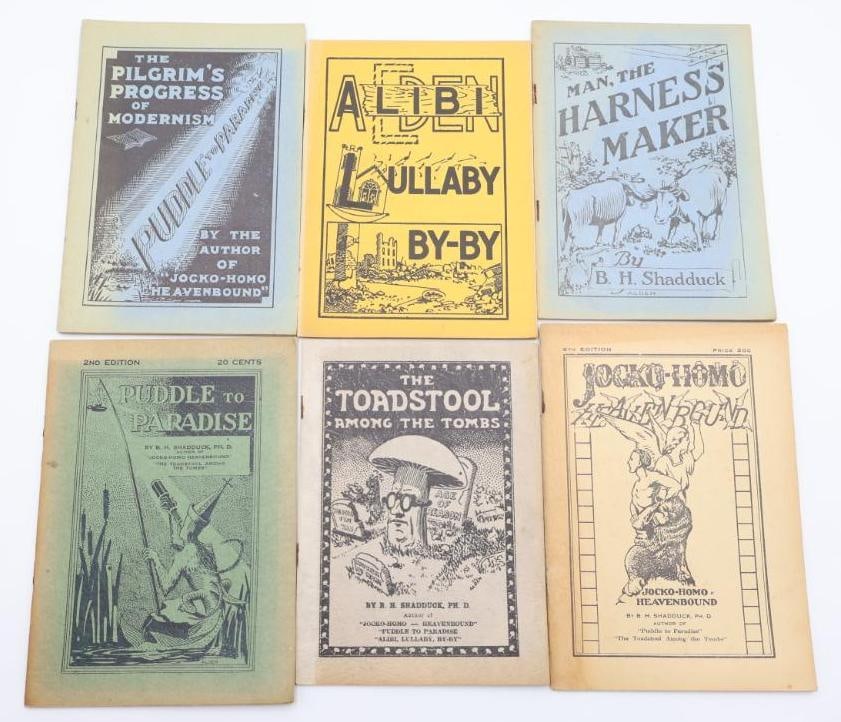 Six Antique Anti-Evolution Pamphlet Booklets by B.H. Shadduck: Antique 1920's creationism booklets by Reverend B.H. Shadduck, featuring interesting artworks and arguments against the evolution theory. Includes The Pilgrim's Progress of Modernism, Eden Alibi